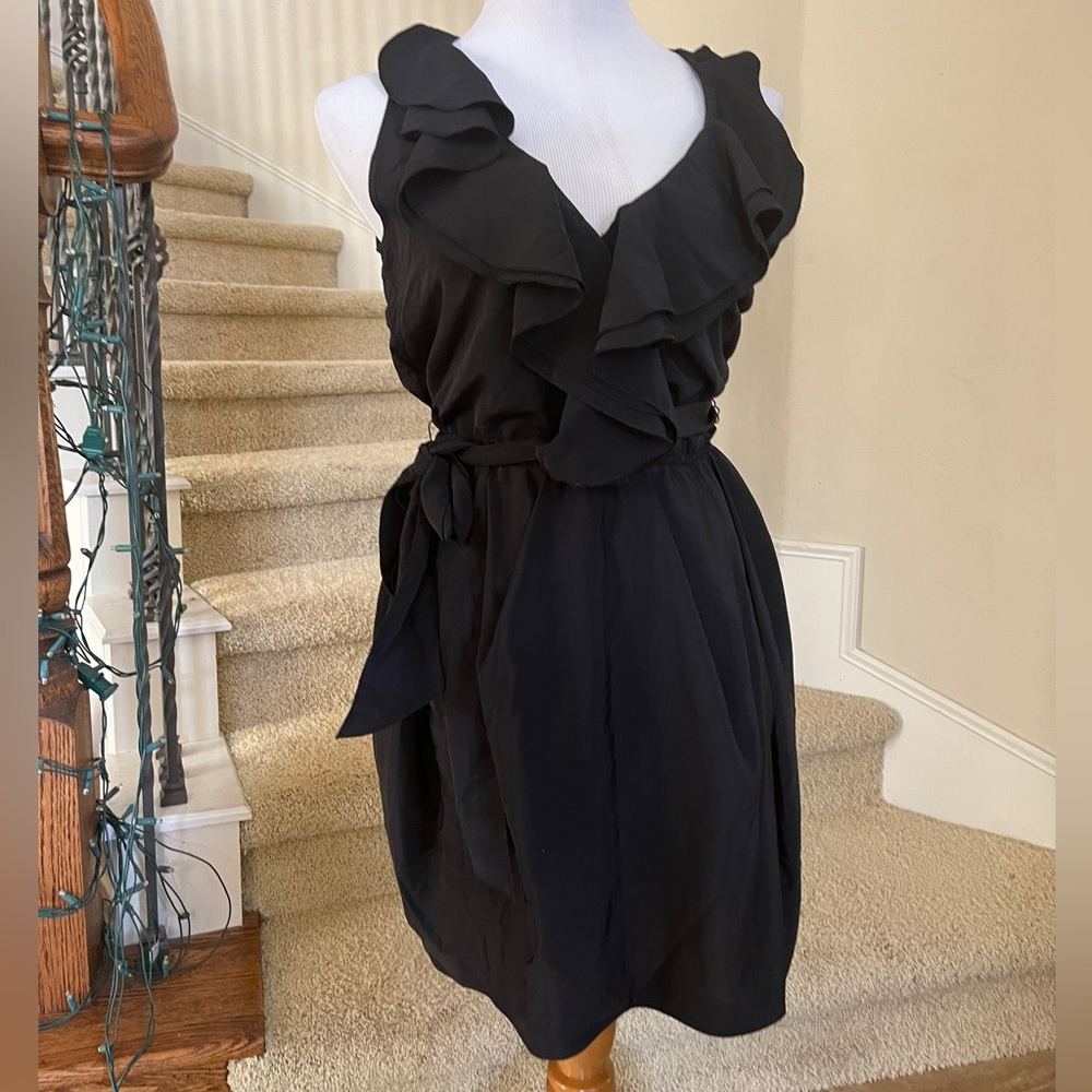 H&M Women’s Black Tone Dress with Handerchief Hem, Ruffle V-Neck, Belted